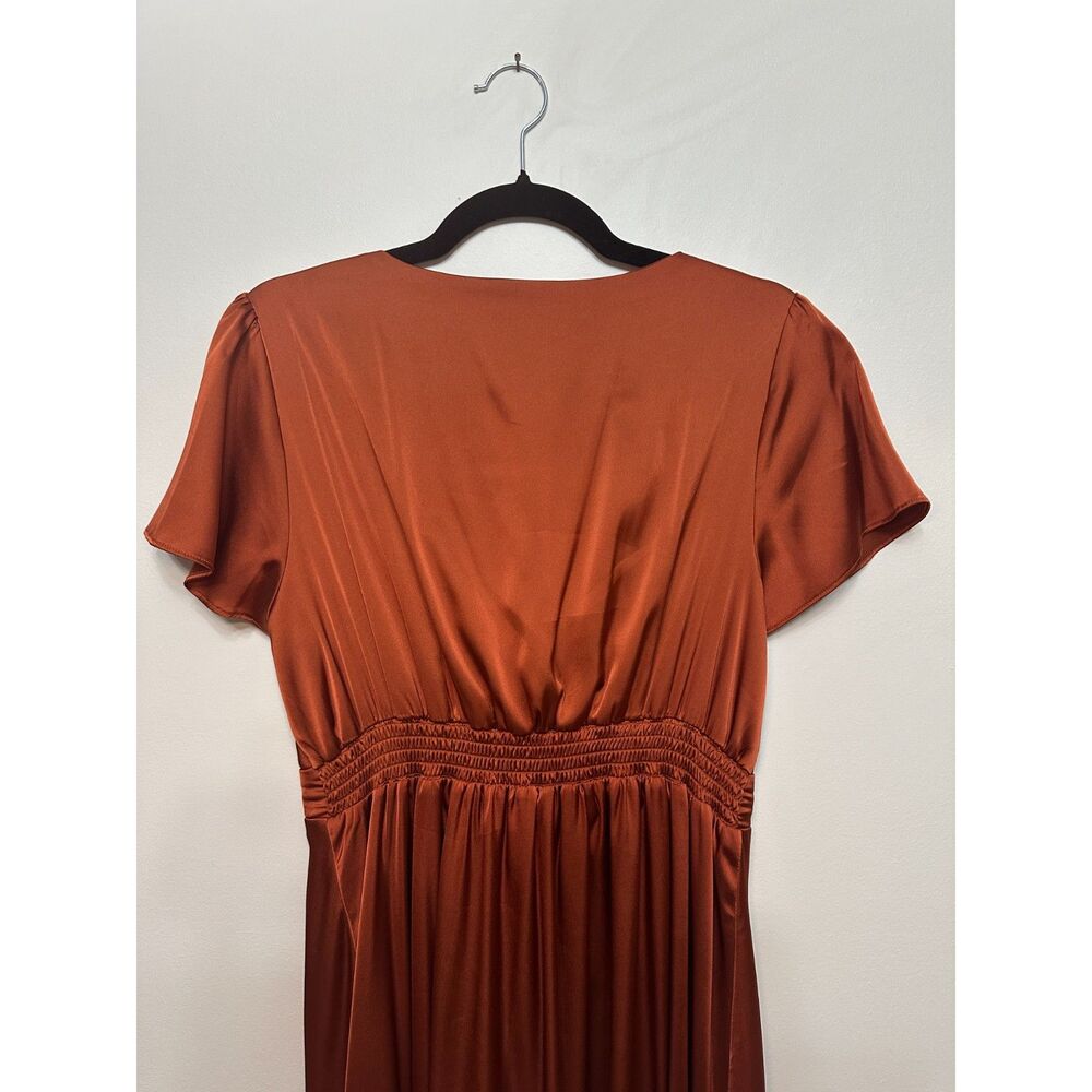 Baltic Born Rust Poppy Satin Midi Dress M Tie Front Flutter Sleeve Evening - Picture 5 of 12